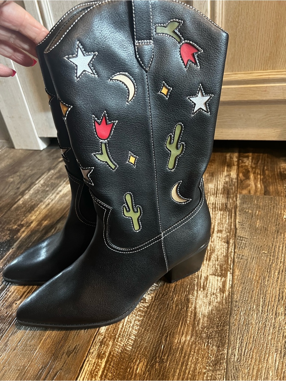 No Boundaries Black Western Appliqué Mid-Calf Boots with Red & Green Accents